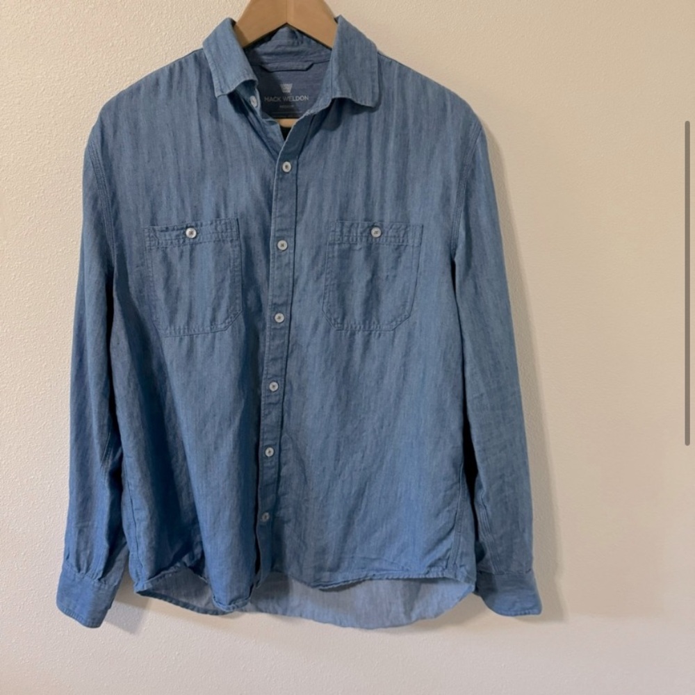 Mack Weldon Endeavor Work Shirt Blue Chambray Long Sleeve Cotton Lyocell-M